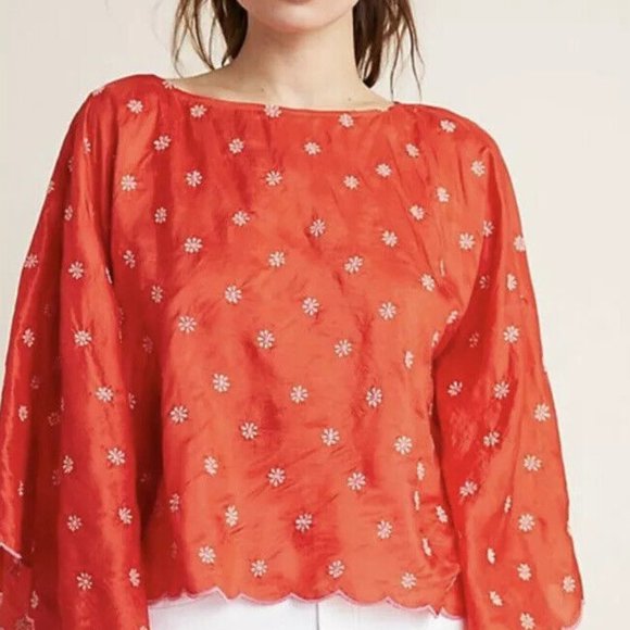 NWT Anthropologie Rehane Giulia Silk Blouse Red Embroidered - Small - Picture 4 of 8